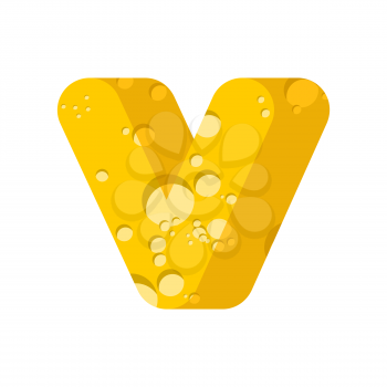 Letter V cheese font. Symbol of cheesy alphabet. Dairy Food type sign. Vector illustration

