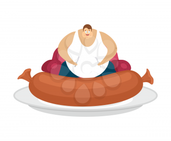 Fat guy is sitting on chair and sausage. Glutton Thick man and food. fatso vector illustration