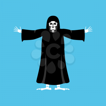 Grim reaper happy. death merry. skeleton in black cloak cheerful. Vector illustration
