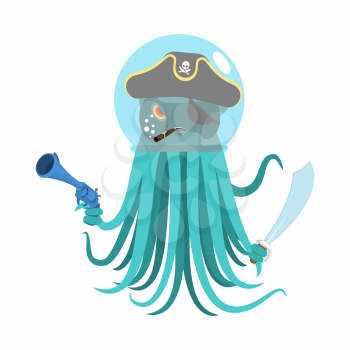Alien intruders Space pirate Octopus. cosmic monster Invader. poulpe in astronaut  helmet. devilfish  in pirate hat. Saber and gun. Vector illustration
