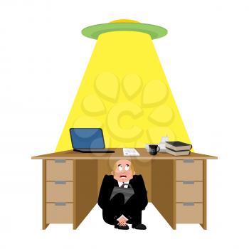 Businessman scared under table of UFO. frightened business man under work board. aliens. Boss fear office desk. To hide from kidnapping. Vector illustration