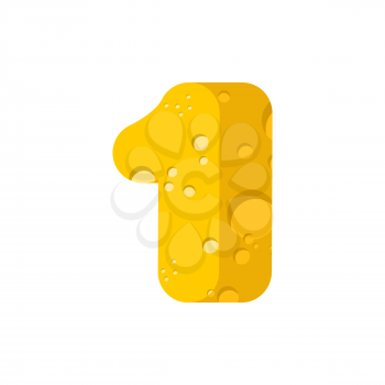 Figure 1 cheese font. numeral one of cheesy alphabet. Dairy Food type sign. Vector illustration