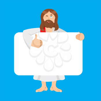 Jesus Christ holding banner blank. God Son and white blank. Holy man joyful emotion. place for text. Vector illustration
