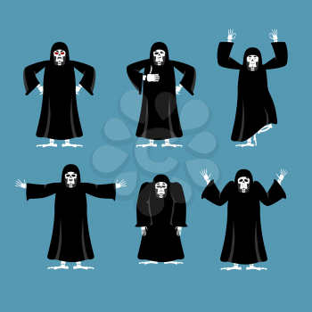 Grim reaper set poses and motion. death happy and yoga. skeleton in black cloak sleeping and angry. guilty and sad. Vector illustration
