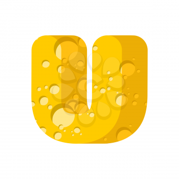 Letter U cheese font. Symbol of cheesy alphabet. Dairy Food type sign. Vector illustration
