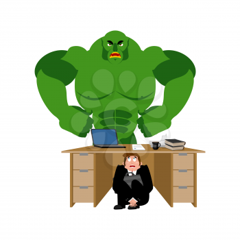 Businessman scared under table of green monster. Vector illustration