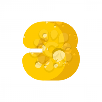 figure 3 cheese font. numeral three of cheesy alphabet. Dairy Food type sign. Vector illustration
