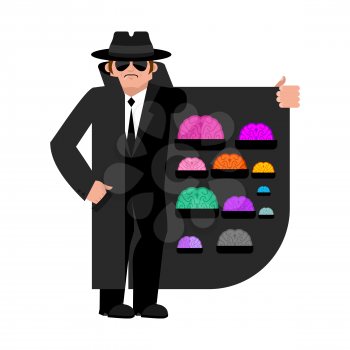 Smuggler selling Brains. Cloak-seller isolated. Dealer in hat and coat . Bootlegger. Seller prohibited goods of black marke. Legitimate trade. Vector illustration
