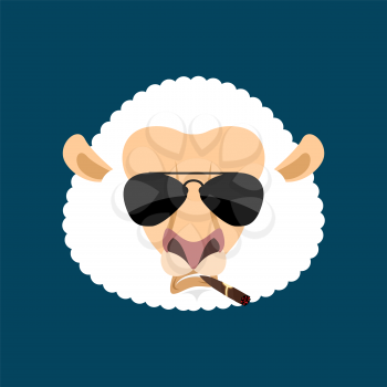 Cool Sheep serious avatar of emotions. Ewe smoking cigar emoji. Farm animal strict. Vector illustration

