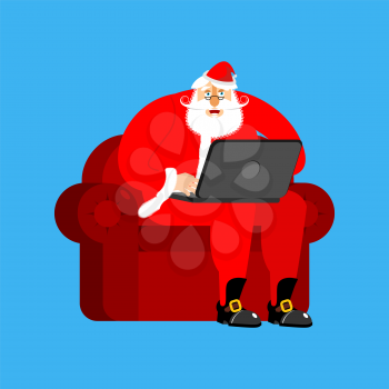 Santa Claus on chair working in laptop. Christmas work. New Year illustration
