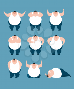 Fat set poses and motion. Stout guy happy and yoga. Big man sleeping and angry. guilty and sad. Vector illustration