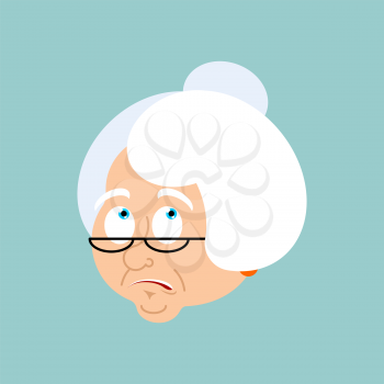Grandmother confused emotions. Face Grandma is perplexed emoji. Old lady surprise avatar. Vector illustration