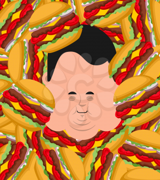 Fat and burgers. Joy of face and hamburgers fast food. Lucky Vector illustration
