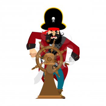 Captain of pirate in wheel isolated. Boss buccaneer isolated. Vector illustration
