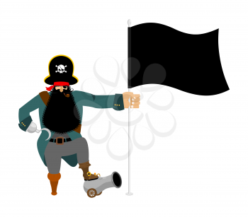 Ppirate and flag. Eye patch and smoking pipe. filibuster cap. Bones and Skull. Head corsair black beard. buccaneer Wooden foot
