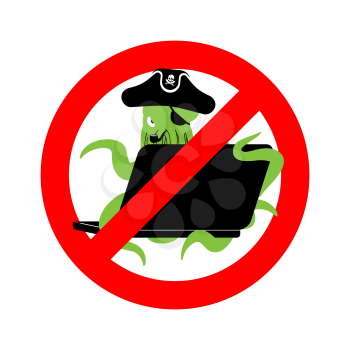 Stop Web pirate Octopus and laptop. Ban sign poulpe internet hacker and PC. Prohibiting devilfish buccaneer and computer. Eye patch and smoking pipe. pirates cap. Bones and Skull. See animal filibuster. Wrong prohibition sign
