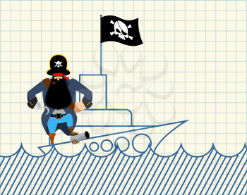 Pirate on ship. Painted ship and buccaneer. Scary filibuster with hook. Notebook
