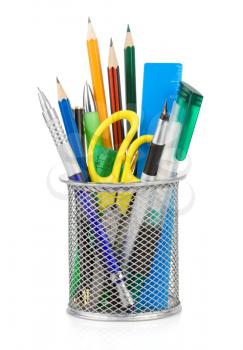 holder basket and office supplies isolated on white background