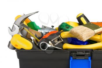 set of tools in black toolbox isolated on white background