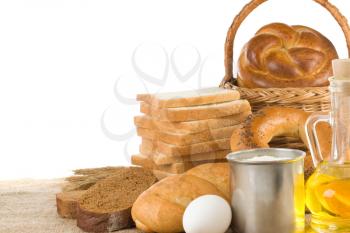 bread and bakery products isolated on sack burlap background