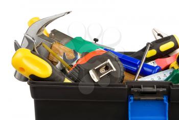 set of tools and instruments in black plastic box isolated on white background