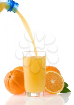 flowing juice and orange isolated on white background
