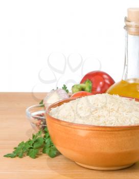 rice and food ingredient isolated on white background at wood table