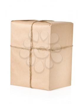 parcel wrapped with brown paper tied rope isolated on white background
