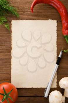 background for cooking recipes and spices on wooden table