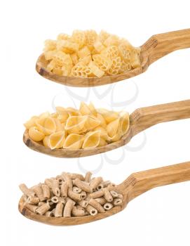 raw pasta and wooden spoon isolated on white background