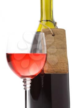 wine bottle and label tag price isolated on white background