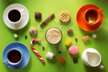cup of coffee, tea and cacao at paper background