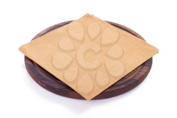 pizza cutting wooden board  and napkin table cloth, isolated on white background