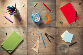 school supplies and accessories at wooden background