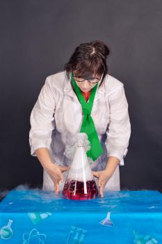 Creative scientists make experiments with liquid ice.