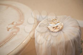 Rings of the newly-married couple at wedding ceremony in a beige hall.
