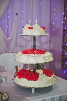 Wedding cake with swans of cream.