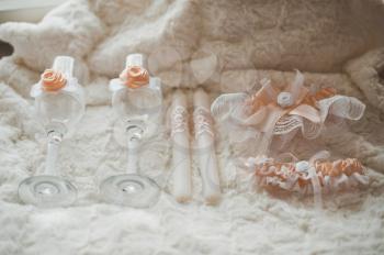 Glasses, candles and ornaments prepared on wedding.