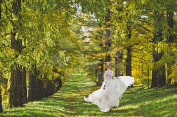 Dancing bride in the bright autumn woods.