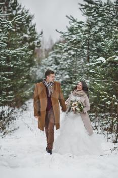 Portrait of newlyweds strolling in the winter among spruce alley.