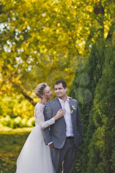Portrait of young newlyweds around evergreen trees.