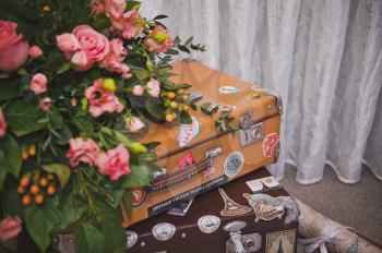 Folded stack of vintage suitcases.