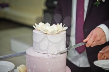 The process of cutting the wedding cake at the celebration.