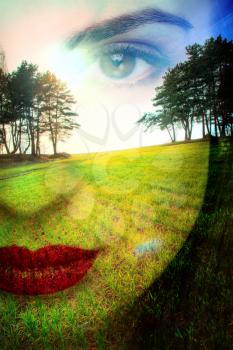 HDR photo . spring rebirth of nature. double exposure. portrait of a girl