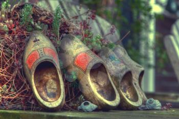Dutch wooden shoes. standing on the street.