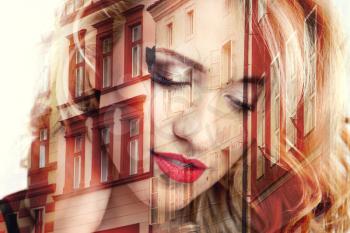 Double exposure of closeup girl portrait and cityscape