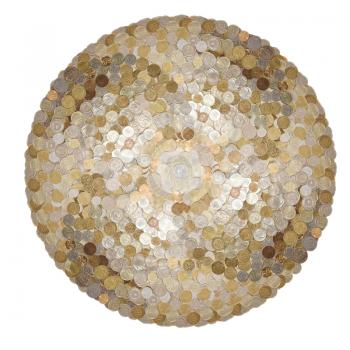 many coins, euros, dollars, laid out in the form of circular spirals