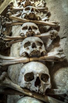 Human bones and skulls in the Sedlec Ossuary near Kutna Hora, Czech Republic.