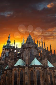Scenic summer panorama of the Old Town architecture with Vltava river and St.Vitus Cathedral in Prague, Czech Republic