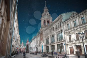 The ancient street of the center of Moscow. Not far from Red Square. At night the stars shine